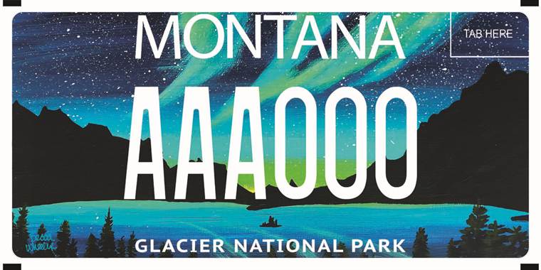 Montana Glacier National Park specialty license plate with northern lights