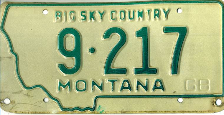 Montana license plate from 1968 showing county code 9 for Powder River County