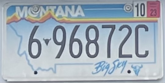 Montana license plate showing county code 6 for Gallatin County