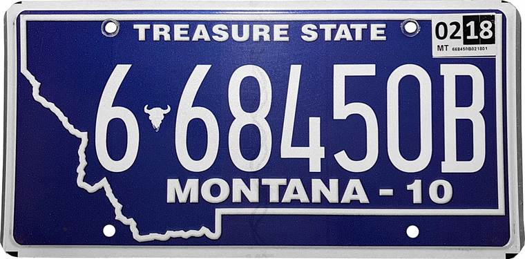 Montana standard license plate with blue background and Treasure State slogan